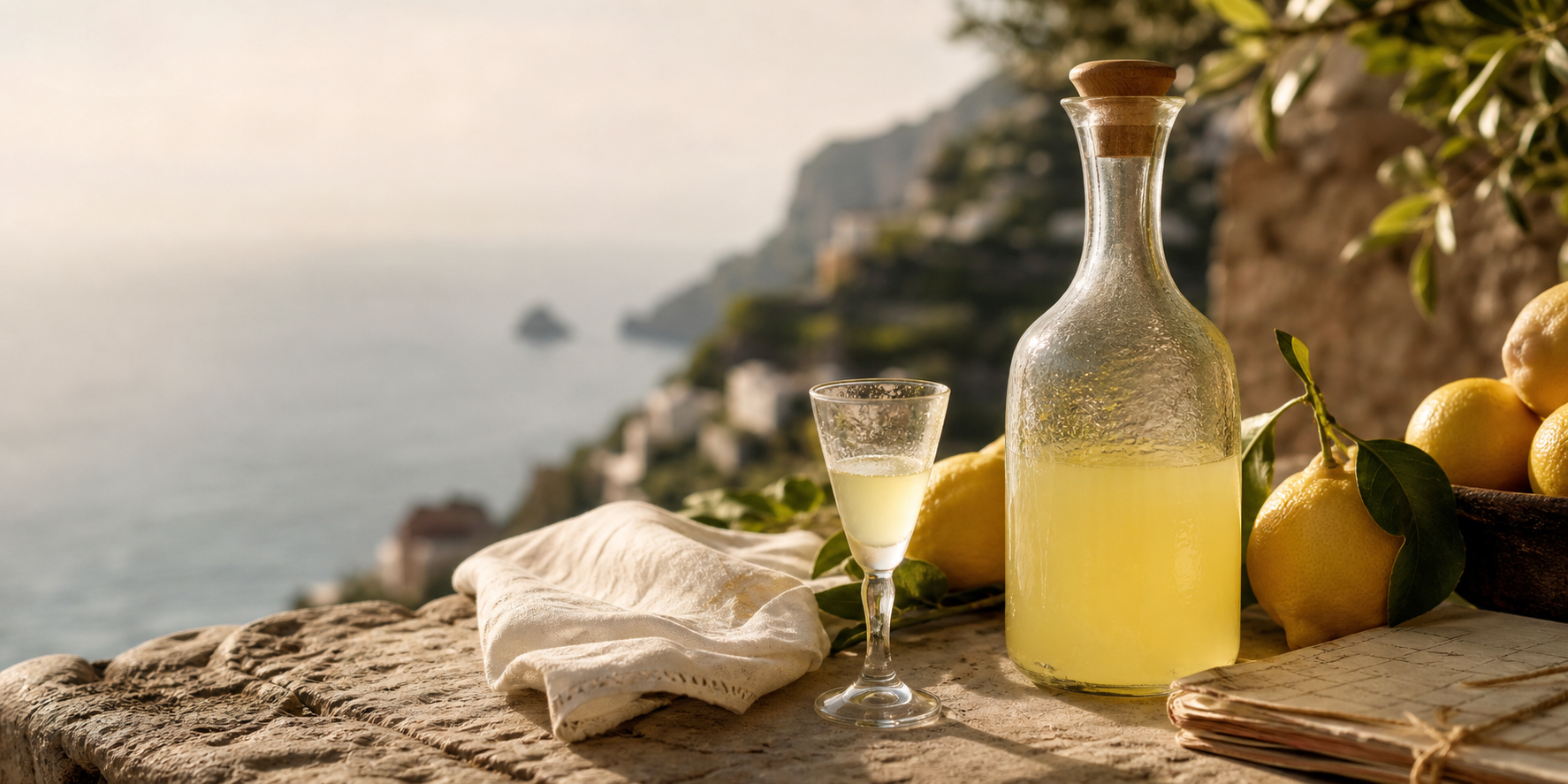 Limoncello, lemons, and a cordial glass overlooking the Amalfi Coast