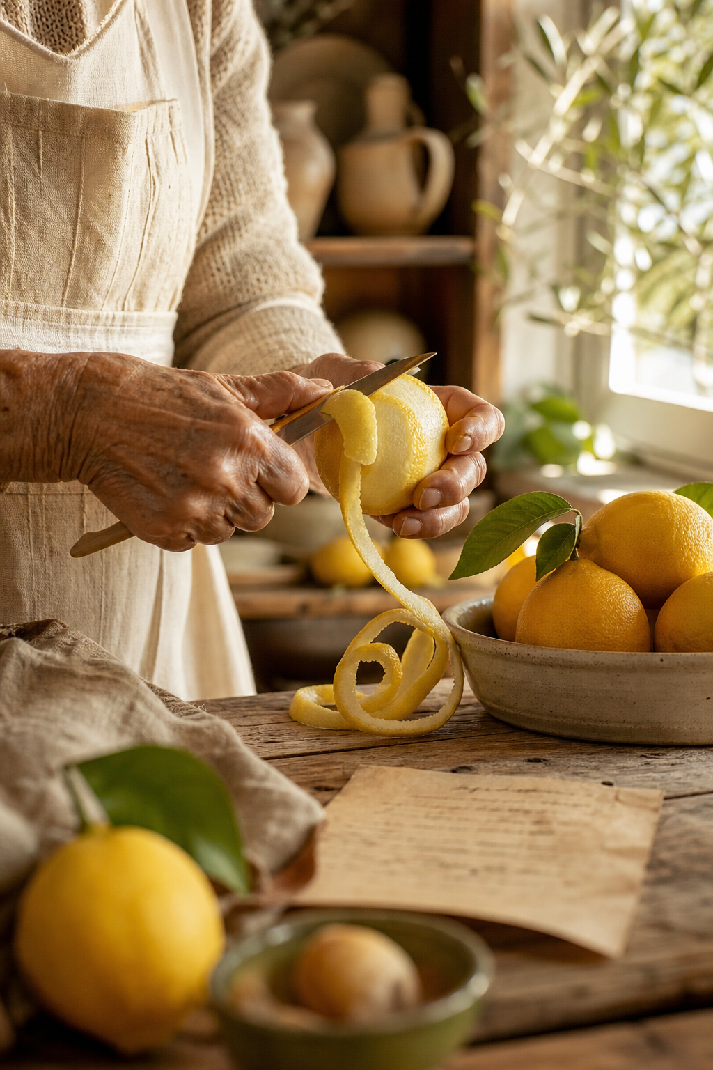 Nonna carefully peeling a fresh lemon in her kitchen